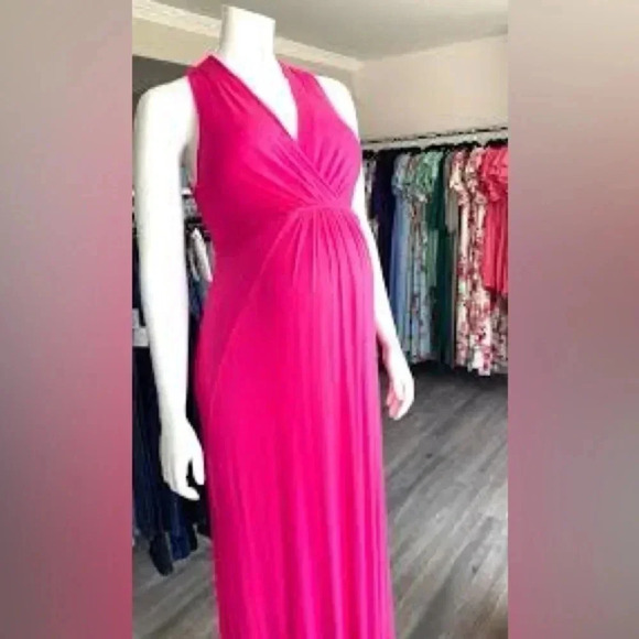 MATERNITY HOT PINK BABY SHOWER V NECK BARBIE MAXI DRESS SIZE XL NWT BARBIECORE - Picture 2 of 5